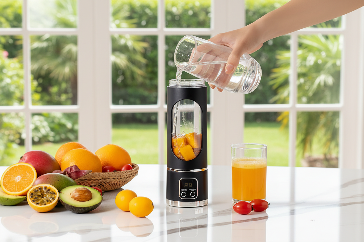 Premium portable blender on marble countertop with tropical fruits, Cape Town lifestyle