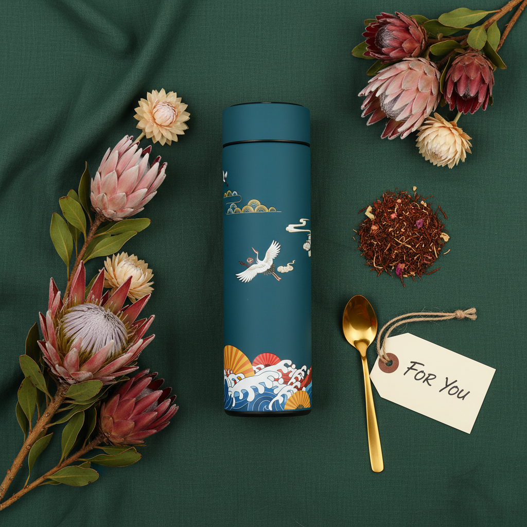Flat lay of teal thermos flask with protea flowers and rooibos tea on green linen