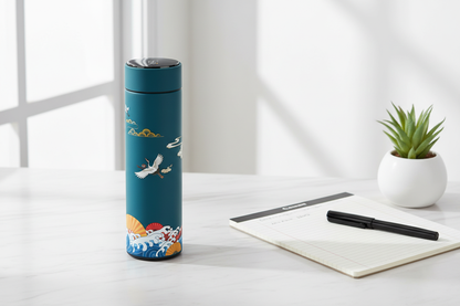 Teal thermos flask on white marble office desk with notebook and succulent