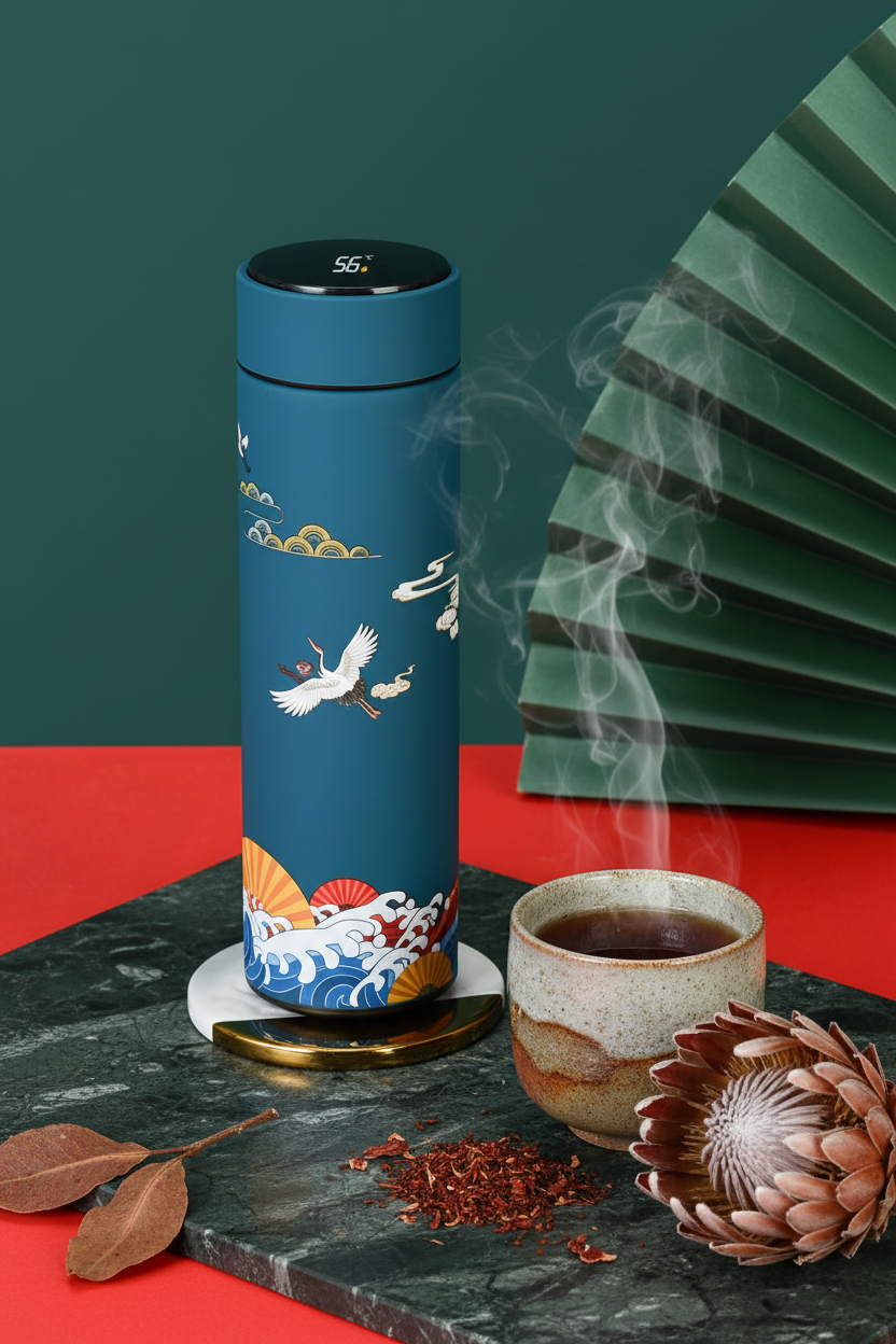 Teal smart thermos flask on dark marble with rooibos tea and protea flower