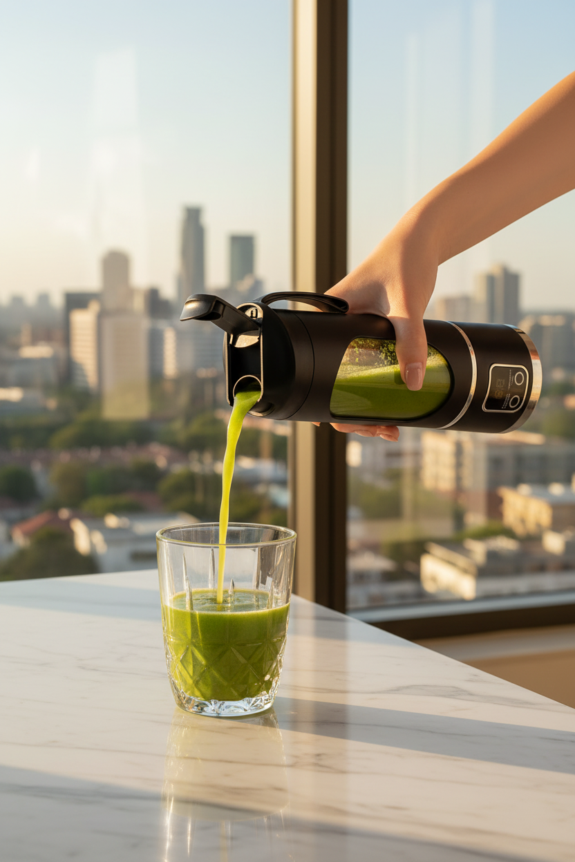 Portable blender pouring smoothie in Johannesburg penthouse lifestyle setting